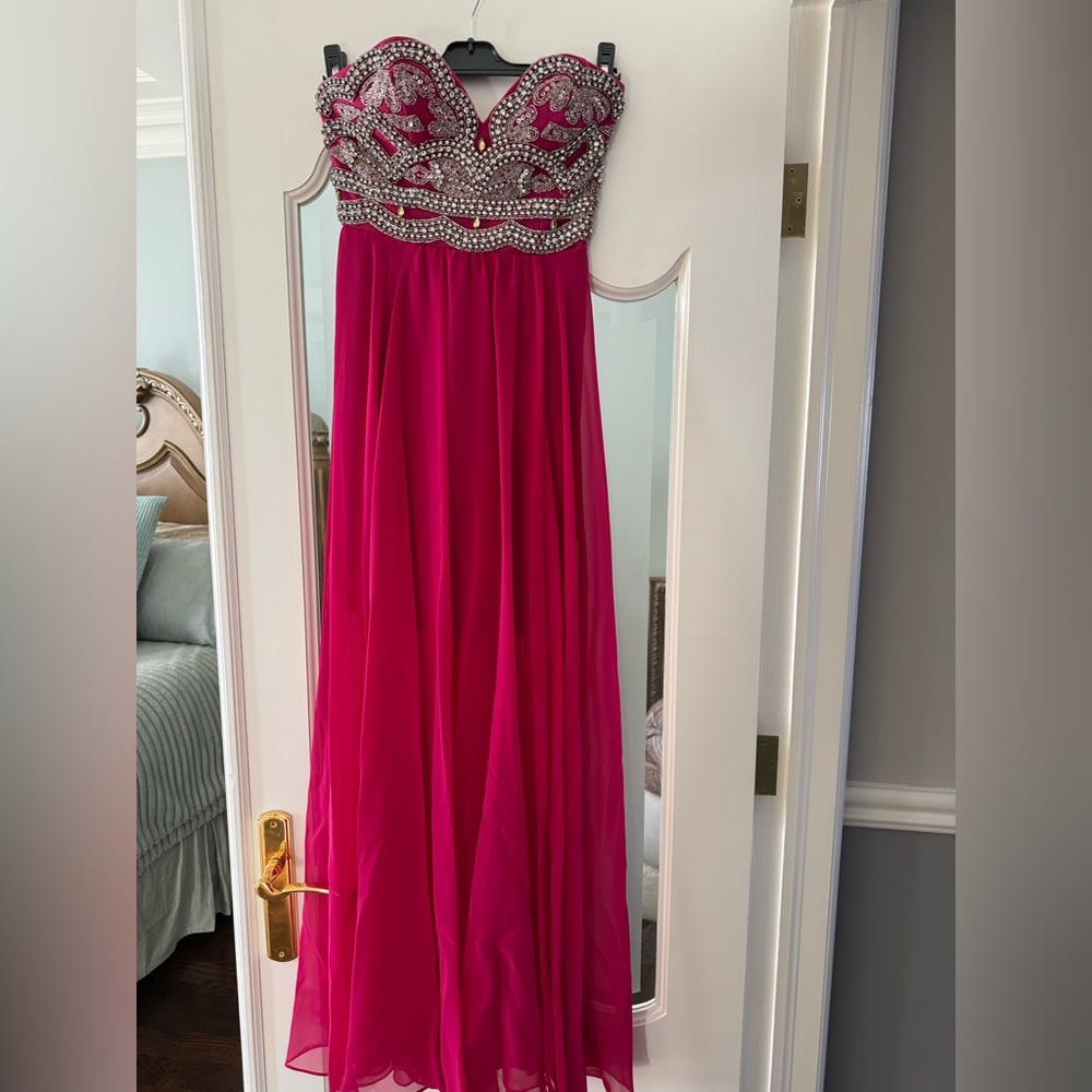 Vibrant Pink Strapless Gown with Beaded Bodice